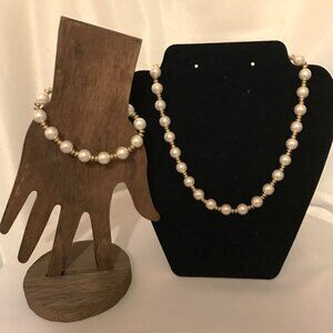 Gold Toned Beaded Faux Pearl Choker Necklace & Bracelet Set